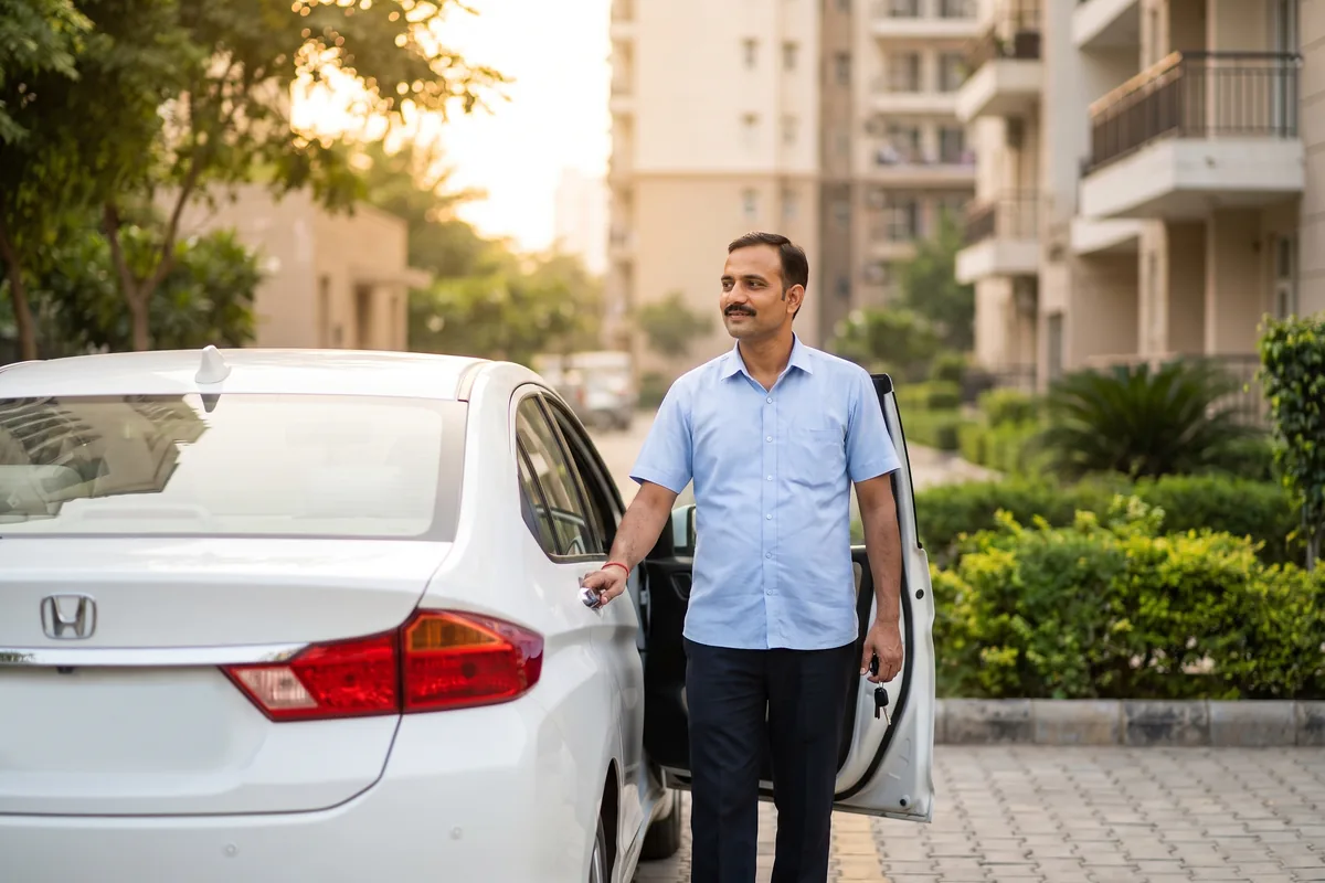 A driver beside a car outside a Gurgaon home