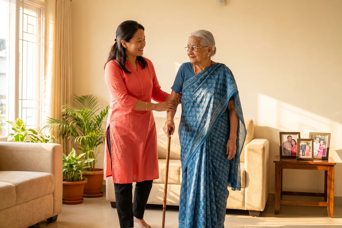 An attendant assisting an elderly person at home