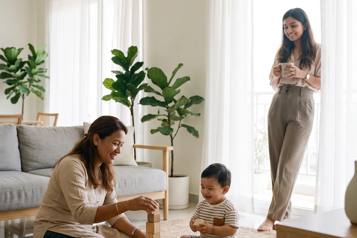 A nanny with a young child at home